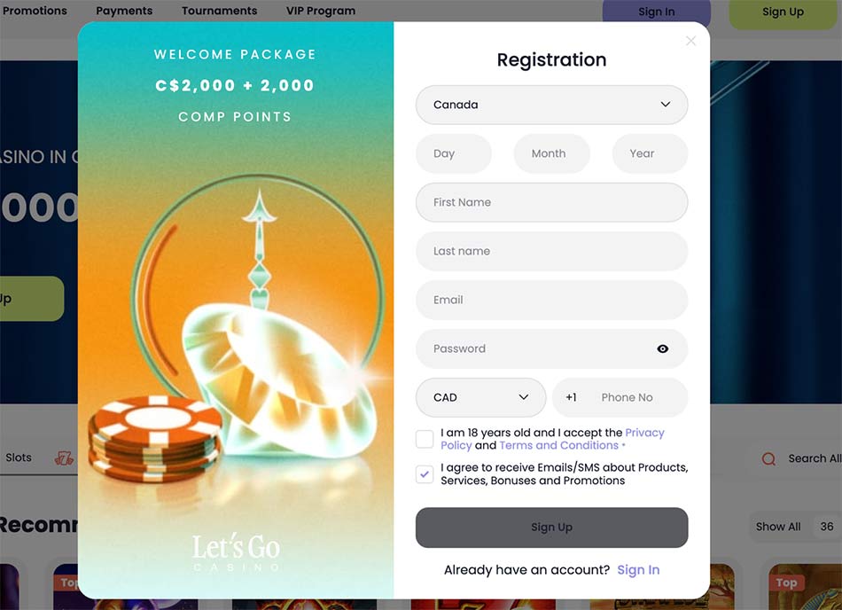 Let’s Go Casino  registration and verification